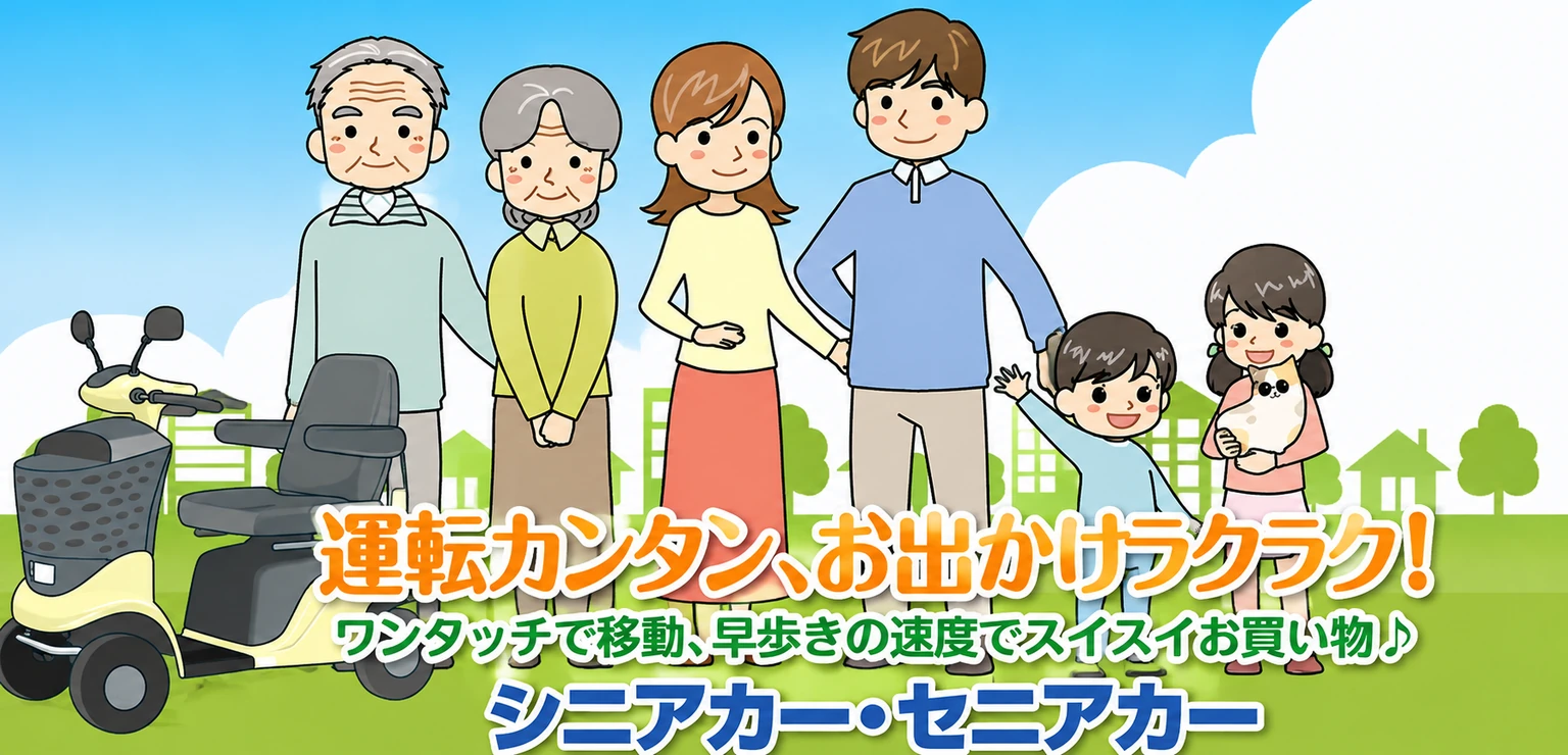 セニアカー・シニアカーでのお出かけを楽しむご夫婦と家族のイラスト