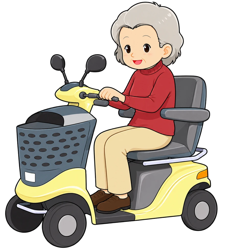 黄色いシニアカーを安全に運転する女性のイラスト