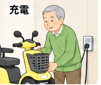 使用後にセニアカーを充電するイラスト