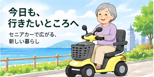 セニアカーで海辺へ外出するシニアのイラスト
