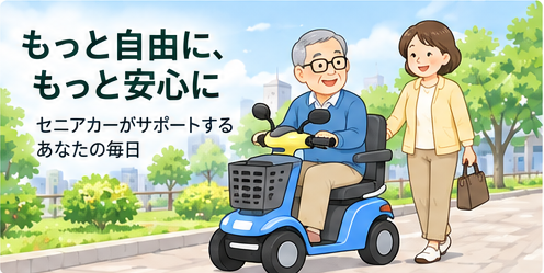 セニアカーで自由に外出するシニアと家族のイラスト